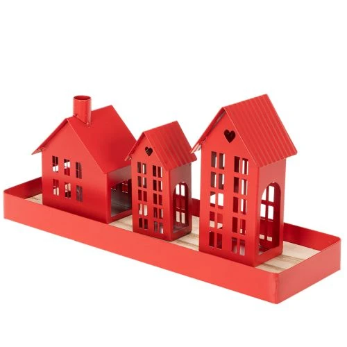 Metall-Windlicht-Set Häuser Rot mit Tablett 35cm | Floristik24.ch