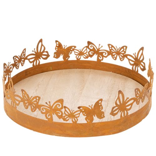 Metalltablett mit Schmetterling-Motiv Ø20cm H6,5cm, Rost-Optik, Holzplatte, Frühling, Tischdekoration online kaufen | Floristik24.ch