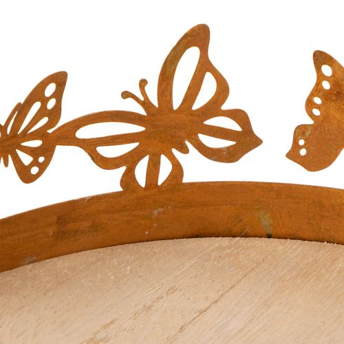 Metalltablett mit Schmetterling-Motiv Ø20cm H6,5cm, Rost-Optik, Holzplatte, Frühling, Tischdekoration | Floristik24.ch