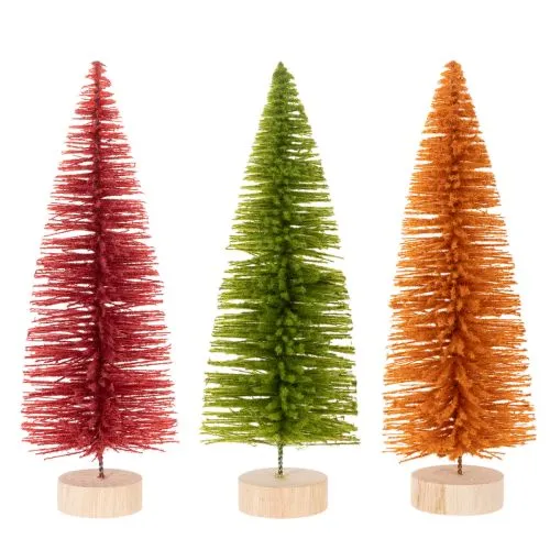 Künstlicher Tannenbaum 31 cm aus Kunststoff und Holz in Grün, Rot und Orange im 3er-Set | Floristik24.ch