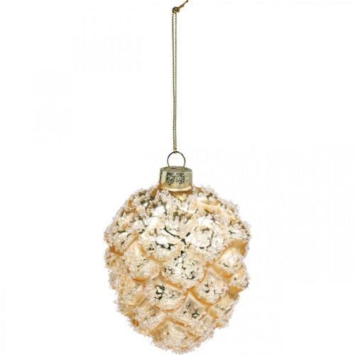 Floristik24 Zapfen zum Hängen, Baumschmuck, beschneite Dekozapfen Golden H9,5cm Ø8cm Echtglas 3St