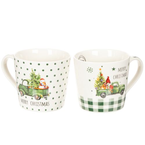 Weihnachtstassen-Set Keramik 10 cm grün mit Weihnachtsauto-Motiv