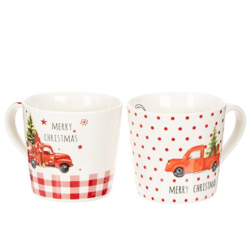 Weihnachtstassen aus Keramik 10 cm Rot-Weiss mit Auto und Tannenbaum 2er-Set