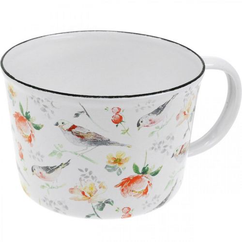 Floristik24 Pflanztasse Vögel / Blumen, Übertopf, Deko-Tasse aus Emaille, Pflanzgefäß Ø10cm H7cm