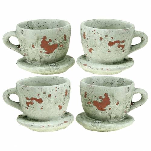 Pflanztopf Übertopf Tasse mit Unterteller Vintage Grau, Natur Ton Ø8cm H6,5cm 4 St