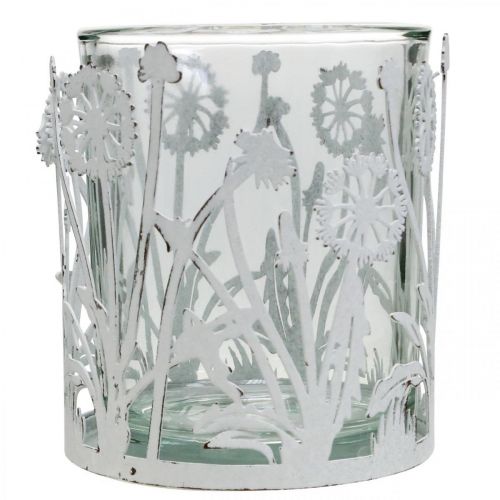 Floristik24 Windlicht mit Pusteblumen, Tischschmuck, Sommerdeko Shabby Chic Silbern, Weiß H10cm Ø8,5cm
