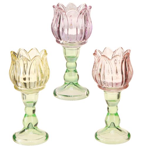 Floristik24 Teelichtglas Blüte Teelichthalter Glas 3 Farben Ø7cm H16cm 3St