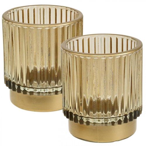 Floristik24 Windlicht Glas Geriffelt Teelichthalter Gold H8cm 2St