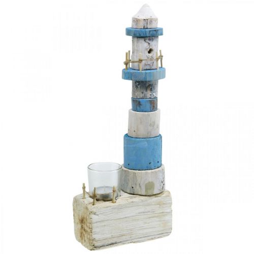 Floristik24 Holz Leuchtturm mit Teelichtglas Maritime Deko Blau, Weiß H38cm