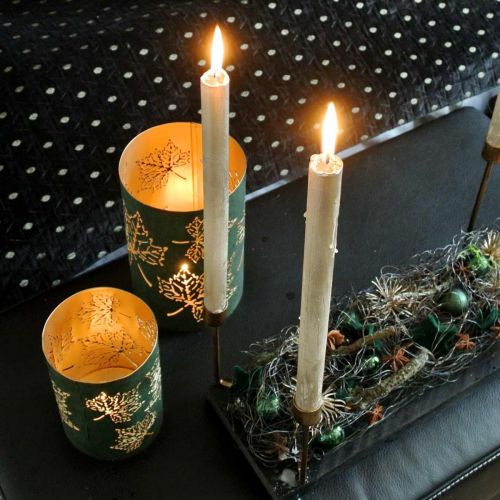 Floristik24 Windlicht Metall Blätter Grün, Golden H20/15/10cm 3er-Set
