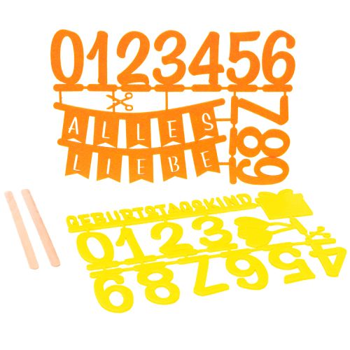 Filz-Tischdeko Geburtstag Zahlen 27,5x19,5cm Gelb/Orange 2er-Set inkl. Holzspatel