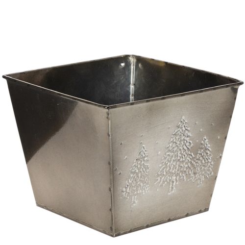 Quadratischer Metall-Übertopf mit Tannen-Motiv 18 cm, Silber