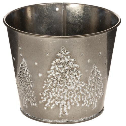Metall Übertopf 13 cm Silber mit Glitzer-Tannen für Innenbereich