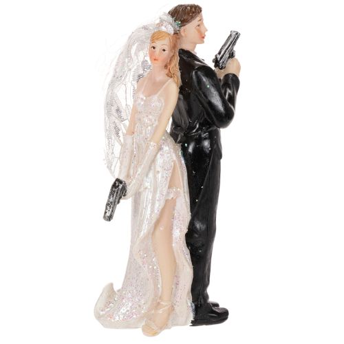 Tortenfigur Brautpaar aus Polyresin, 15,5 cm, Weiss-Schwarz, Agenten-Motiv