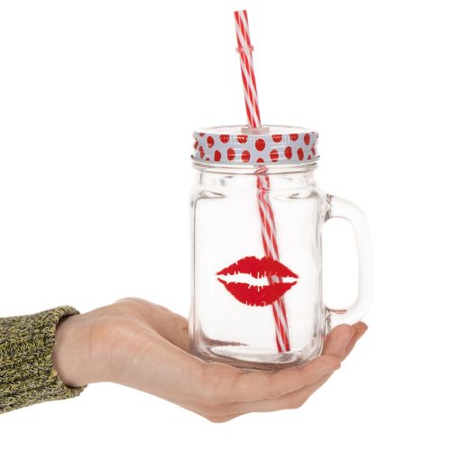 Trinkglas mit Deckel und Henkel aus Glas Ø7cm H13,5cm mit Kussmund-Motiv | Floristik24.ch