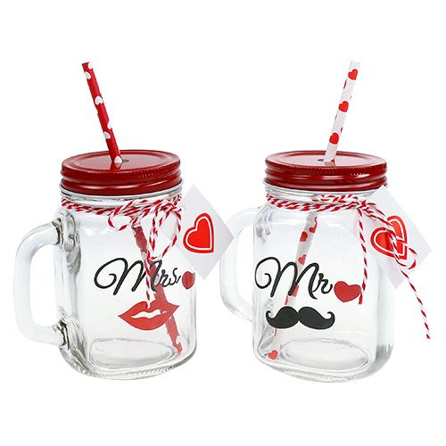Floristik24 Trinkglas mit Deckel „Mr“ und „Mrs“ 13,5cm 2St