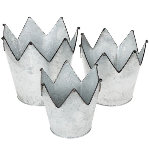 Blumentopf-Set Zink Krone, 3 Grössen: Ø21,5/19,5/17cm, Metall silber-schwarz