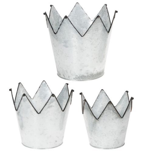 Blumentopf-Set Zink Krone, 3 Grössen: Ø21,5/19,5/17cm, Metall silber-schwarz | Floristik24.ch