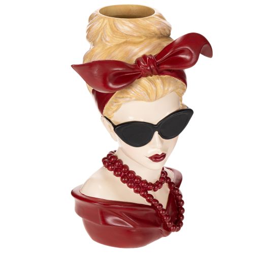 Kopfvase aus Polyresin Frauendesign mit Sonnenbrille und Perlenkette 30 cm