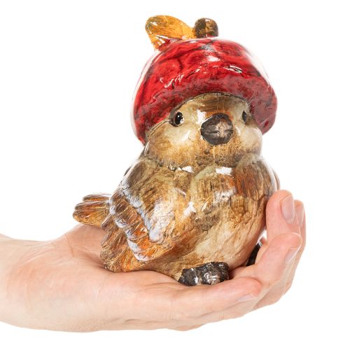 Dekofigur Vogel in Braun mit roter Apfel-Mütze aus Keramik 13 cm | Floristik24.ch