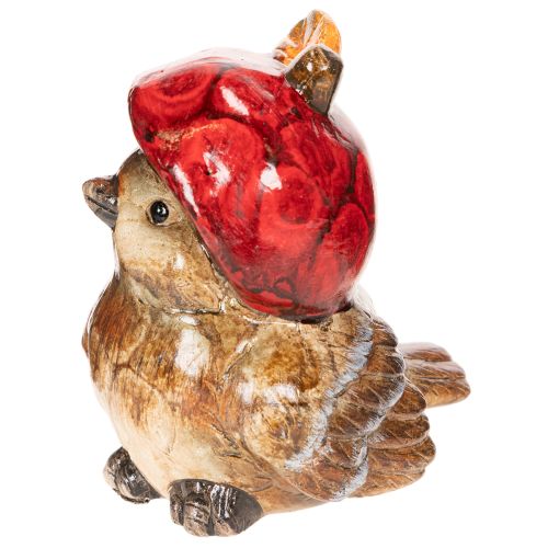 Dekofigur Vogel in Braun mit roter Apfel-Mütze aus Keramik 13 cm | Floristik24.ch