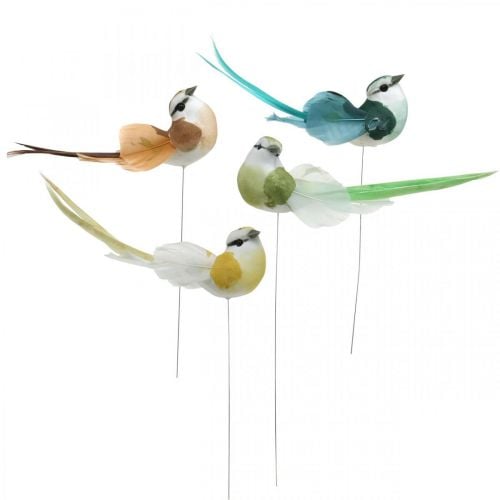 Deko-Vögel, Frühlingsdeko, Vögel mit Federn, Sommer, Vögel am Draht Bunt H3,5cm 12St