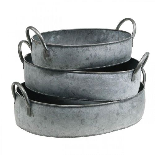 Floristik24 Pflanzgefäß mit Henkeln, Zinkwanne, Blumenschale Antik-Optik Silbern L35,5/30,5/26,5cm 3er-Set
