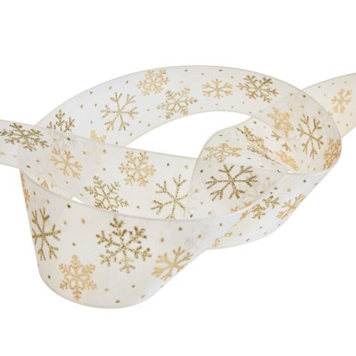 Floristik24 Weihnachtsband Organza Schneeflocken Weiß Gold 40mm 15m
