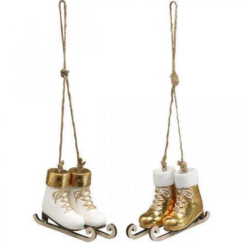 Floristik24 Weihnachtsbaumschmuck Schlittschuh Gold, Weiß 10×8×3cm 2Paar