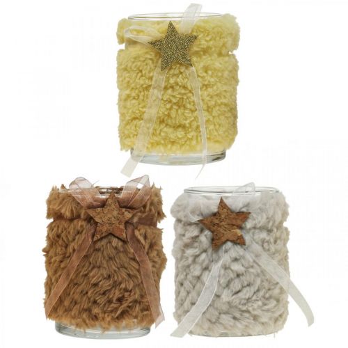 Artikel Weihnachtsdeko Windlicht Glas Kunstfell H12cm Ø9,5cm 3St