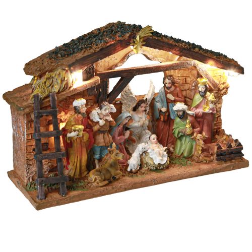Artikel Weihnachtskrippe mit Figuren und LED Handbemalt 23×14cm