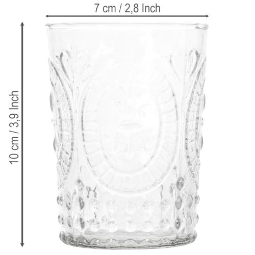 Artikel Windlicht aus Glas, transparenter Teelichthalter mit Ornamenten, Ø7,5cm H10cm
