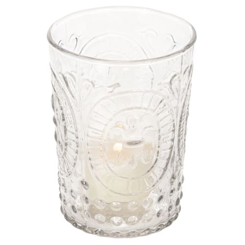 Windlicht aus Glas, transparenter Teelichthalter mit Ornamenten, Ø7,5cm H10cm | Floristik24.ch