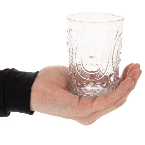 Artikel Windlicht aus Glas, transparenter Teelichthalter mit Ornamenten, Ø7,5cm H10cm