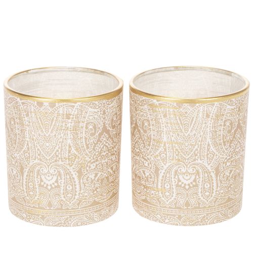 Windlicht Teelichthalter Glas Paisley-Muster Ø8cm H9cm 2er-Set Braun Weiss Gold