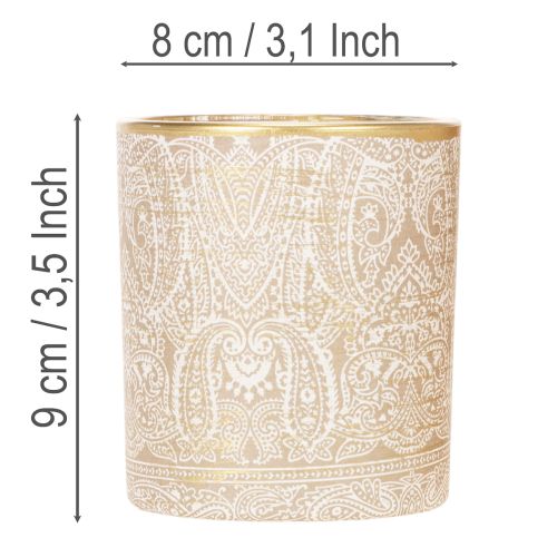 Windlicht Teelichthalter Glas Paisley-Muster Ø8cm H9cm 2er-Set Braun Weiss Gold | Floristik24.ch