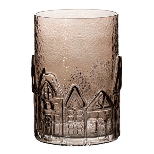 Windlicht aus braunem Glas mit Häuser-Relief, 23 cm hoch
