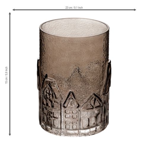 Windlicht aus braunem Glas mit Häuser-Relief, 23 cm hoch | Floristik24.ch