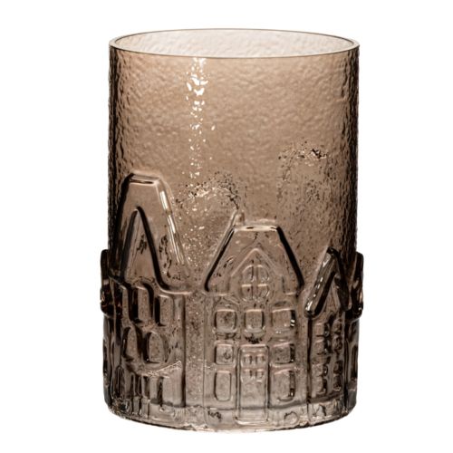 Windlicht aus braunem Glas mit Häuser-Relief, 23 cm hoch | Floristik24.ch