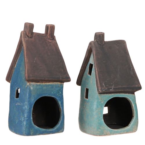 Floristik24 Windlichthaus Keramik Haus Blau Braun H15,5/17,5cm 2 St