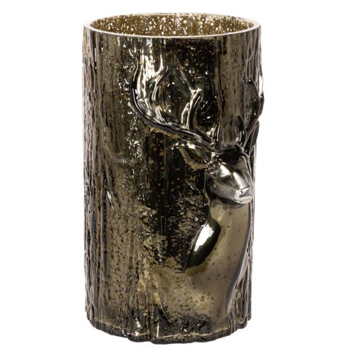 Windlicht Glas Grünbraun mit Hirsch und Baumreliefs 26 cm für Innenbereich