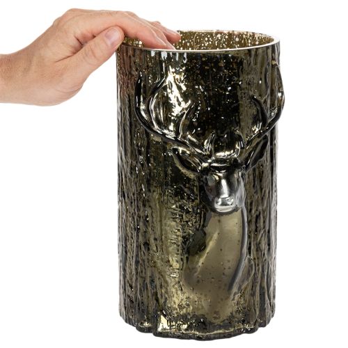 Windlicht Glas Grünbraun mit Hirsch und Baumreliefs 26 cm für Innenbereich | Floristik24.ch