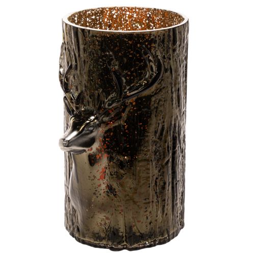 Windlicht Glas Grünbraun mit Hirsch und Baumreliefs 26 cm für Innenbereich | Floristik24.ch