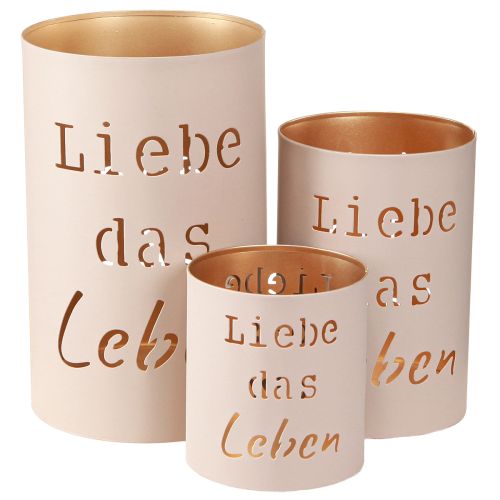 Floristik24 Windlicht „Liebe das Leben“ Beige Gold Ø13/10,5/9cm Set 3St