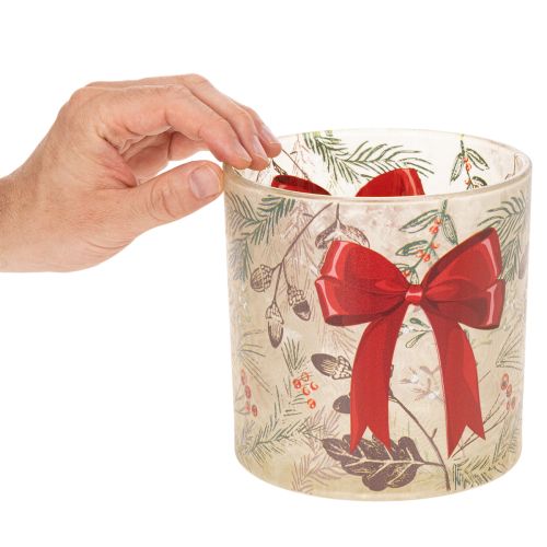 Windlicht Glas mit roter Schleife und Winterzweigen 15 cm | Floristik24.ch