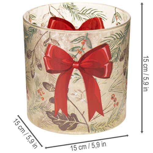 Windlicht Glas mit roter Schleife und Winterzweigen 15 cm | Floristik24.ch
