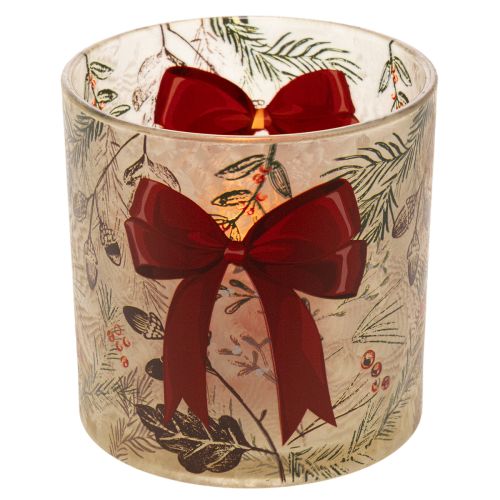 Windlicht Glas mit roter Schleife und Winterzweigen 15 cm | Floristik24.ch