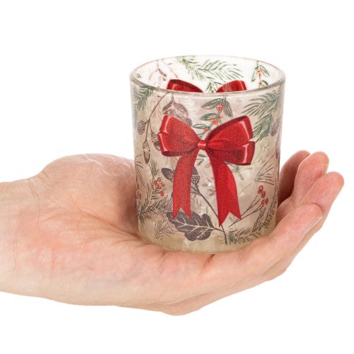 Windlichter Glas mit Weihnachtszweigen und roter Schleife 8 cm 2er-Set | Floristik24.ch
