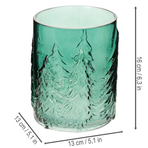 Windlicht Glas Türkisgrün mit Tannen-Relief 16 cm | Floristik24.ch