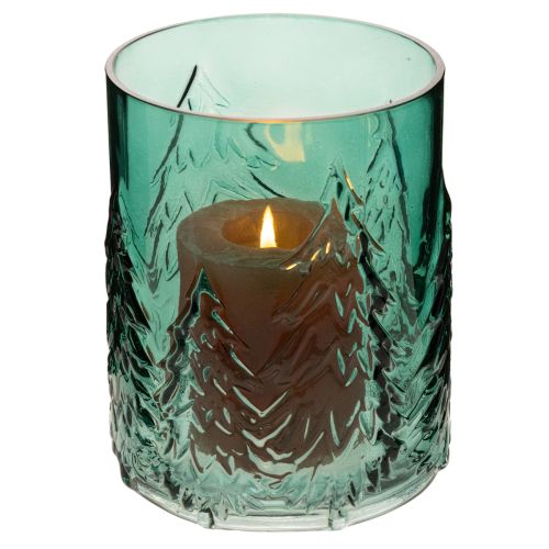 Windlicht Glas Türkisgrün mit Tannen-Relief 16 cm | Floristik24.ch